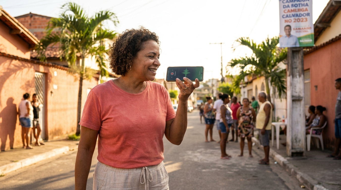 Coordenadora mandando áudio no WhatsApp na rua